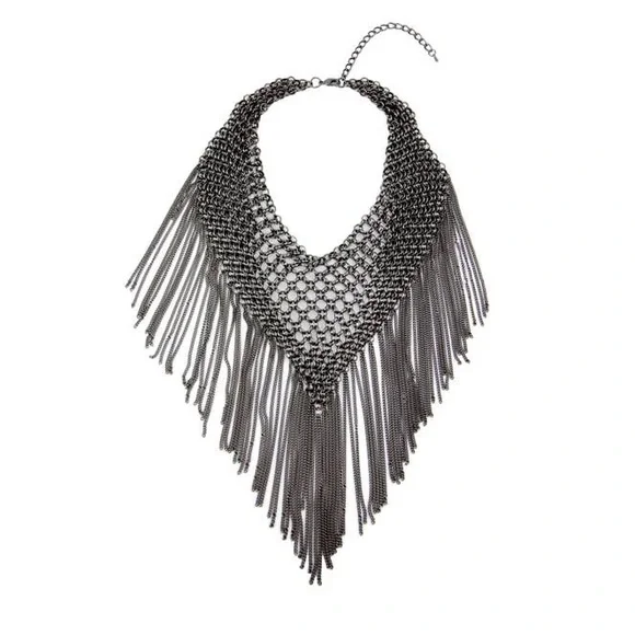 New Maximalist Chainmail Style Fringe Bib Statement Necklace - Picture 6 of 16
